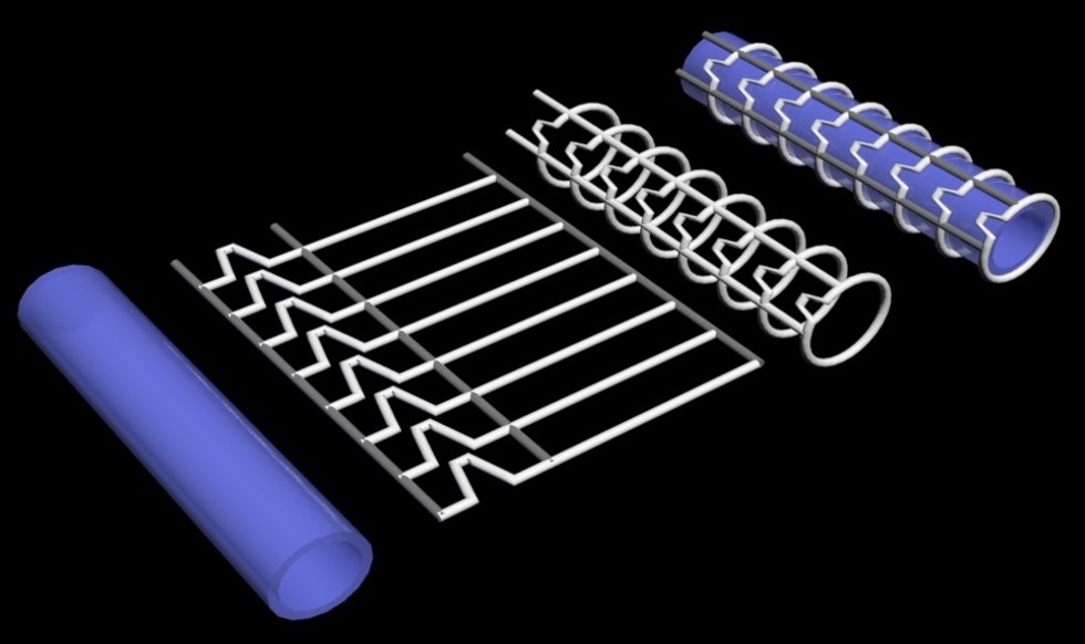 The prosthetic blood vessel scaffold consists of an elastic inner tube (left) and a rigid outer mesh made of parallel coils (middle). The outer mesh wraps arounds the inner tube (right) to closely mimic the flexibility of real blood vessels.