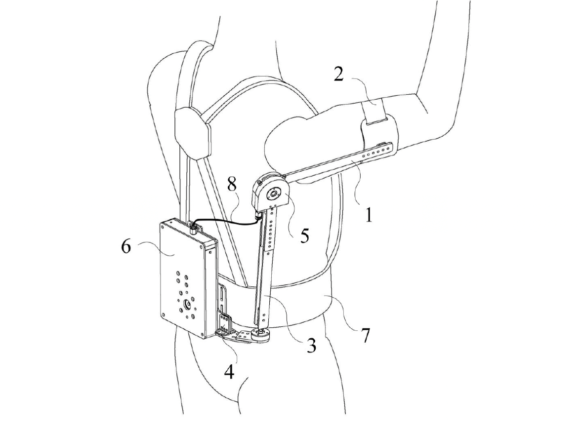 Human Arm Assistance Device, assisting one arm in outstretching (side view).